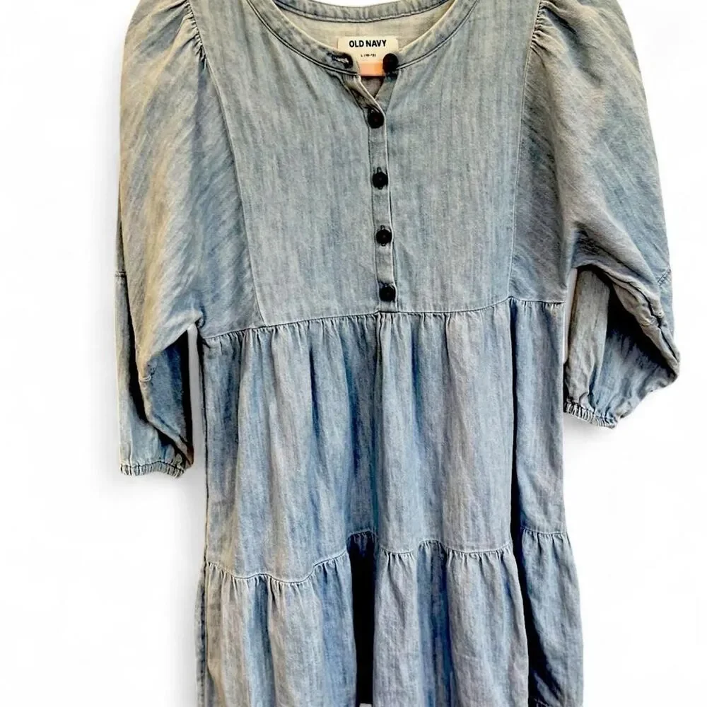 Girl's Old Navy Blue 100% Cotton Denim Babydoll Dress, Size Large (10-12)